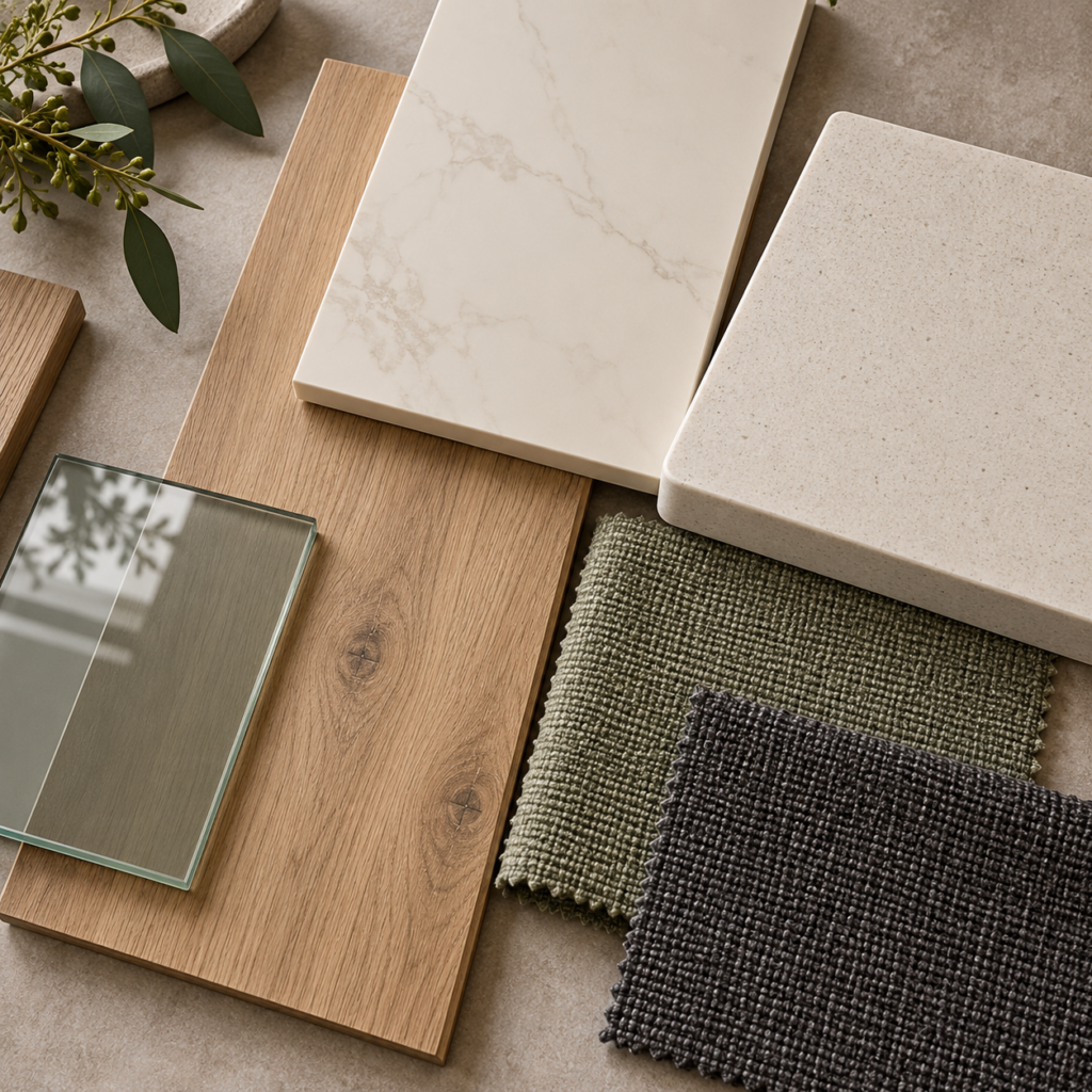 Caravan interior material samples including benchtop, flooring and upholstery fabric