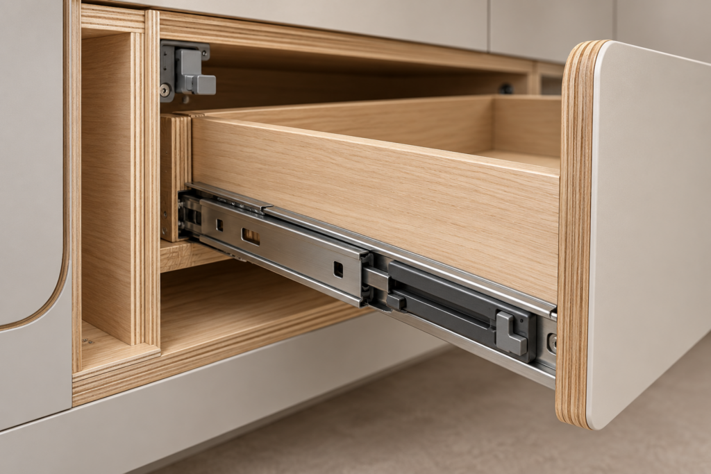 Close-up of caravan cabinet drawer runner and sealed edge banding